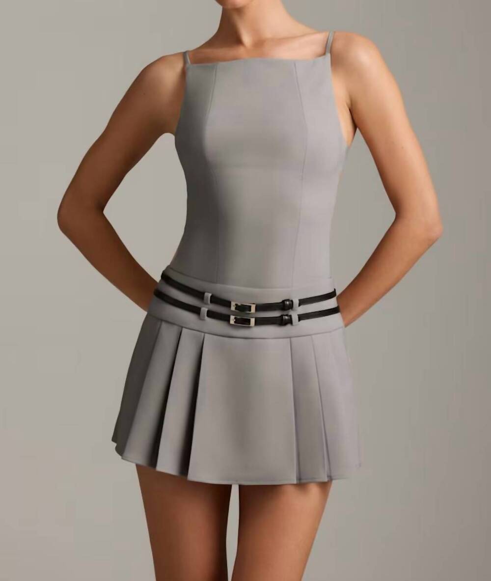 NEW OH POLLY leilani belted backless pleated mini dress in grey